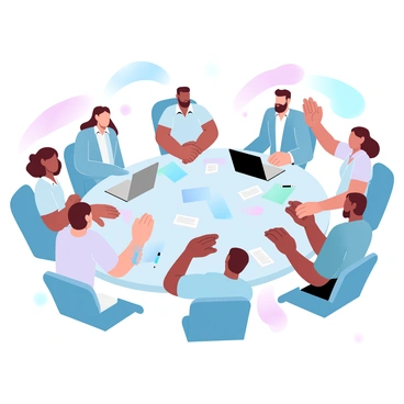 A diverse team of employees is collaborating around a large table. The table is covered with colorful documents spread out in various arrangements. Laptops are open and positioned in front of several team members. Each person is actively engaged in discussion, with hands gesturing towards the documents and screens. The room features bright ambient lighting, enhancing the vibrant colors of the documents. There are also some stationery items like pens and notepads scattered across the table.