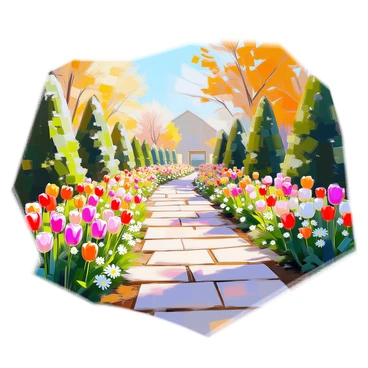 A garden featuring pathways that mimic the curves of a rib cage, winding gracefully through lush greenery. The pathways are lined with various vibrant flowers in full bloom, including roses, daisies, and tulips, creating a colorful display. On either side of the pathways, there are neatly trimmed hedges and small ornamental trees that add texture and depth to the scene. In the background, a soft blue sky peeks through the foliage, and the sunlight casts gentle shadows along the ground, enhancing the organic shapes of the pathways.