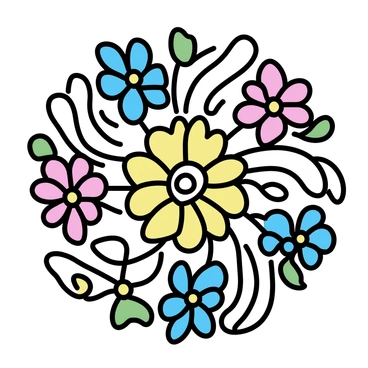 A circular mandala design featuring intricate floral patterns. The mandala is composed of various flowers in vibrant hues, including red, blue, yellow, and green. Each petal is detailed with fine lines and textures, creating a rich appearance. The flowers are arranged symmetrically, radiating from the center, forming layers of petals and leaves. The background is a solid color, allowing the mandala to stand out prominently.