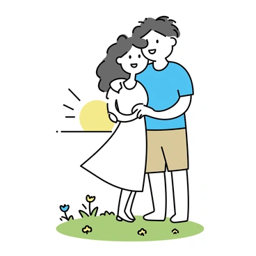 A couple embracing on a hilltop as the sun rises in the distance