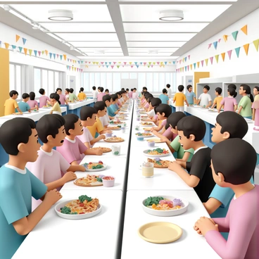 A vibrant high school cafeteria filled with students engaged in conversation and enjoying their meals. The scene features several long tables, each crowded with a diverse group of students. Some students are laughing while others are animatedly discussing their day. Various trays of food, including pizza, salads, and drinks, are seen on the tables. Bright overhead lights illuminate the space, and colorful banners hang around the room, adding to the lively atmosphere. A few students are standing in line at the food counter, while others are seated, leaning towards each other as they share stories.