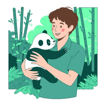A teal conservationist with short brown hair is gently cradling a small white and black baby panda in their arms. The baby panda is playfully reaching its paws towards the conservationist's face, showcasing its innocent curiosity. Surrounding them is a lush green habitat with tall bamboo stalks and vibrant ferns, creating a tranquil environment. In the background, a soft light filters through the trees, illuminating the scene. The conservationist is wearing a khaki shirt and has a look of affection on their face as they nurture the baby panda.