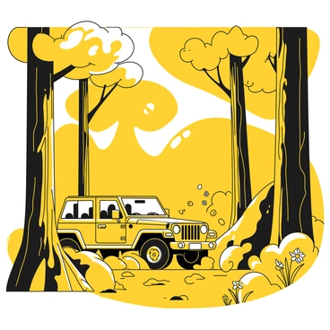 An off-road vehicle exploring a dense forest trail surrounded by tall trees