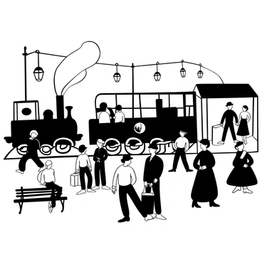 A vintage train station filled with people dressed in period attire, including women in long dresses and men in suits and bowler hats. People are standing on the platform, some holding suitcases and chatting with each other. An old-fashioned steam locomotive is visible in the background, with steam billowing from its engine. Lanterns hang from the station's roof, and there are vintage benches along the platform. The scene captures a lively atmosphere of anticipation and movement as passengers await the arrival of their train.