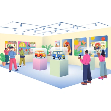 An art exhibit is set up in a well-lit gallery space, showcasing various styles of "jeepney" designs and models. The exhibit features several colorful "jeepney" models placed on pedestals with clear glass cases. Each model showcases intricate details, with bright paint schemes and unique embellishments. There are signs next to each model that provide information about the design and history of each "jeepney." The walls of the gallery are adorned with large, vibrant prints of "jeepney" art featuring different cultural motifs and patterns. Visitors are admiring the exhibit, taking photos, and reading the descriptions, while the atmosphere is filled with excitement and appreciation for this iconic mode of transportation.