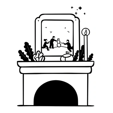 A small, ornate picture frame positioned prominently on a wooden mantelpiece. The frame holds a black-and-white photograph depicting a snowy landscape with a group of people building a snowman. Pinecones and a few sprigs of evergreen surround the frame, adding to the festive atmosphere. A lit candle stands next to the frame, casting soft light, while a few holiday ornaments are scattered across the mantelpiece.