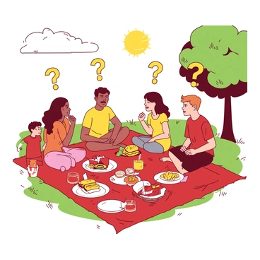 A red picnic blanket is spread out on a grassy area, dotted with a variety of colorful food items such as sandwiches, fruits, and drinks. A diverse group of family members is seated around the blanket, engaged in animated conversations. Each person has a thoughtful expression, and above their heads are large, floating yellow question marks, representing their ideas and thoughts being shared. In the background, there are trees providing shade, and the sun is shining brightly, creating a warm atmosphere for the gathering.