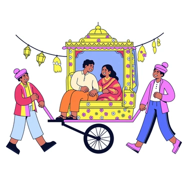 A Maharashtrian couple seated inside a decorated palanquin. The palanquin is elaborately adorned with colorful fabrics, intricate embroidery, and floral patterns. The couple is dressed in traditional attire; the man wears a cream-colored kurta and a vibrant orange dhoti, while the woman is in a red saree with golden motifs. They are smiling and looking at each other, surrounded by festive decorations, including hanging garlands and bright lanterns in the background. The palanquin is being carried by two men, who are dressed in traditional dhotis and turbans, as they walk through a lively crowd celebrating the event.