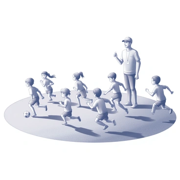 A grassy soccer field filled with a group of children engaged in a game of soccer. Several children are running across the field, with some dribbling a soccer ball while others are positioned to receive the pass. In the background, a coach stands with an enthusiastic expression, raising one hand and gesturing as if giving encouragement. The coach is wearing a sports cap and a whistle hangs around their neck. The scene captures the energy and excitement of the game, with children focused on the ball and each other.