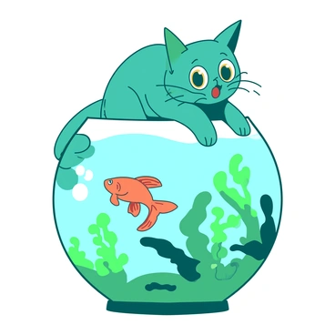 A teal playful cat is perched on the edge of a round fishbowl, its bright eyes wide with curiosity. The fishbowl is filled with water and has vibrant green aquatic plants swaying gently. Inside, a surprised orange goldfish is swimming near the surface, its fins flaring as it glances up at the cat. The cat's tail is flicking back and forth excitedly, and its whiskers are twitching in anticipation. Bright light reflects off the surface of the water, creating a lively atmosphere.