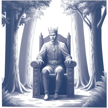 A king is sitting on an ornate wooden throne, intricately carved with floral designs. He is adorned with a "golden crown" that glimmers in the dappled light filtering through the trees. The throne is placed in the center of a lush forest, surrounded by tall, ancient trees with thick trunks and a rich canopy overhead. The ground is covered with a carpet of soft moss and ferns, adding to the enchanting atmosphere. Sunlight creates patterns on the ground, illuminating the king’s regal attire, elaborately detailed with textures and embellishments. The scene evokes a sense of majesty and tranquility as the forest encircles the throne.