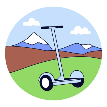 A Segway with a sleek design is resting on a grassy hilltop. The Segway has black handlebars and a silver base. In the background, there are rolling hills that transition from green grass to shades of brown. Distant mountains rise majestically against the horizon, their peaks capped with white snow. The sky above is clear with a few fluffy clouds scattered throughout.