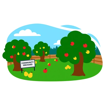 A small community orchard featuring several lush trees, each heavily laden with ripe red apples and golden pears. The trees are arranged in neat rows on a grassy landscape, with dappled sunlight filtering through the leaves. Beneath the branches, a few fallen apples and pears are scattered on the ground. In the background, a wooden fence borders the orchard, and a blue sky dotted with fluffy white clouds stretches above. A small sign at the entrance reads "Community Orchard," inviting visitors to explore the bountiful fruit trees.
