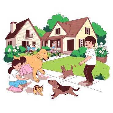 A group of children is playing with various pets in a friendly neighborhood. Two children are laughing as they play fetch with a golden retriever in the front yard of a house adorned with white flowers. Nearby, a girl sits on the grass, gently petting a small brown rabbit in her lap, while a boy is kneeling beside a playful tabby cat chasing a butterfly. The street is lined with houses featuring colorful blooming gardens filled with vibrant flowers and lush green bushes. Some children are riding their bicycles along the sidewalk, enjoying the sunny day.