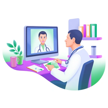 A modern pastel illustration showing a doctor sitting at a desk, looking at a computer screen. The screen displays the face of a patient, who appears engaged in the video call. The doctor is wearing a white coat and has a stethoscope around their neck. On the desk, there are medical books, a notepad, and a coffee mug. In the background, a bookshelf filled with books and a plant adds detail to the setting.