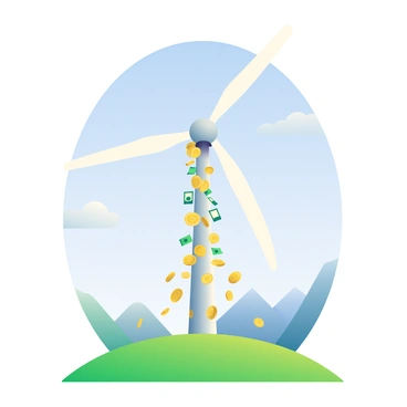 A large white wind turbine with three blades is prominently featured, spinning rapidly against a clear blue sky. The blades are angled to capture the wind efficiently. Below the turbine, bright green grass stretches out, creating a lush foreground. As the turbine spins, streams of golden coins and paper bills are being generated from its center, cascading downwards like a waterfall. The money appears to dance in the air, catching the sunlight and creating a dazzling effect. In the background, there are distant hills with a few fluffy white clouds scattered across the sky.