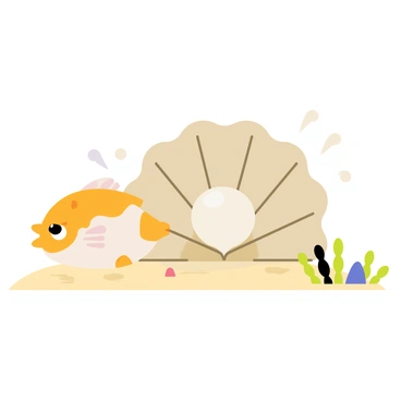 A puffer fish with vibrant orange and white patterns is positioned protectively in front of a large clam. The clam's shell is a mix of smooth beige and iridescent colors, partially opened to reveal a large, shining pearl nestled inside. The puffer fish's eyes are alert, showcasing its role as a guardian. Surrounding the scene are soft ocean currents with small bubbles rising, adding to the underwater ambiance. The sandy ocean floor beneath is dotted with small pieces of coral and seaweed, complementing the serene underwater habitat.
