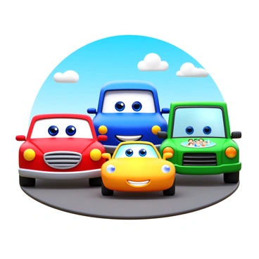 A cartoon-style family of cars is posing together for a cheerful family portrait. The family includes a red sedan with big, friendly eyes, a blue minivan with a smiling grille, a bright yellow sports car with a playful expression, and a green SUV with a family sticker on the back window. Each car has unique features, such as vibrant colors and distinct facial expressions, that highlight their personalities. They are parked side by side in a sunny setting, with a blue sky in the background and fluffy white clouds. 