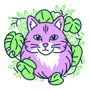 A regal cat head is centered in the composition, featuring elegant features and a proud expression. The cat's fur is intricately detailed, showcasing distinct patterns. Surrounding the cat's head is a lush jungle background filled with various green leaves and tropical foliage. Vines drape gracefully, creating a sense of depth and richness in the scene. The interplay of light and shadow highlights the textures of both the cat's fur and the jungle environment.
