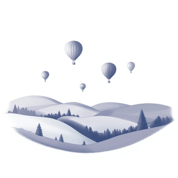 A landscape featuring rolling hills that gently undulate under a clear sky. The hills are dotted with small clusters of trees and patches of tall grass. Several hot air balloons of various shapes and sizes are floating peacefully in the sky, their shapes contrasting against the backdrop of the landscape. The scene evokes a sense of tranquility as the balloons glide gracefully above the hills, capturing a moment of calm.