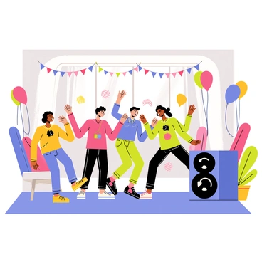 A living room filled with friends dancing energetically. Colorful lights in shades of pink, blue, and green illuminate the space, creating a lively atmosphere. The friends, dressed in casual party attire, are laughing and enjoying themselves as they move to the beat of upbeat music. A large stereo system sits in the corner, with visible sound waves indicated by ripples in the air. Balloons and streamers in vibrant colors adorn the walls, enhancing the festive vibe of the gathering.