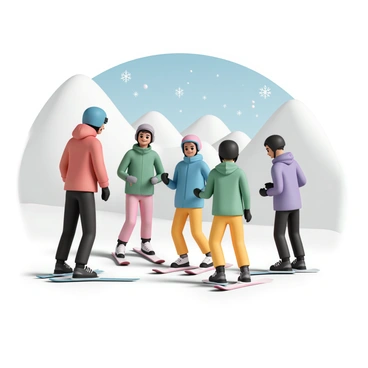 A ski instructor, wearing a bright red ski jacket, black ski pants, and a blue helmet, is demonstrating proper skiing techniques on a gentle practice slope. The instructor is facing a group of three beginners, each wearing colorful ski gear. One beginner is in a green jacket and pink pants, another is in a blue jacket and yellow pants, and the third is in a purple jacket and black pants. The background features snow-covered mountains and a clear blue sky. The beginners are attentively watching the instructor, with smiles on their faces, ready to learn. Snowflakes are gently falling around them, adding to the winter atmosphere.
