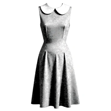 A 1960s A-line dress is displayed, showcasing its simple outline. The dress is fitted at the shoulders and flares out gently from the waist to create a classic A-line silhouette. It features a distinct Peter Pan collar that frames the neckline. The overall design is minimalistic, highlighting the elegant shape of the dress without additional embellishments.