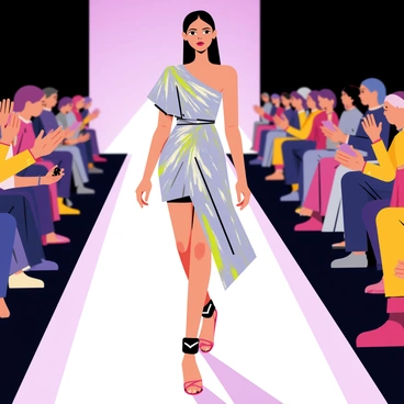 A model walking down a sleek, futuristic runway. The runway is illuminated with bright, colorful lights. The model is wearing an avant-garde dress made of metallic fabric that reflects the lights, creating a dazzling effect. The dress features asymmetrical shapes and layers that flow elegantly as the model walks. The model has a confident expression, with striking makeup that complements the outfit. Onlookers in the background are clapping and capturing the moment with their devices.