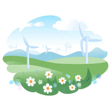 A series of wind turbines are scattered across a vast green landscape, their white blades spinning gently in the breeze. The turbines vary in height, creating an interesting rhythm across the horizon. In the foreground, an open field of wildflowers sways in the wind, adding bursts of color to the scene. In the background, rolling hills rise gently, leading into a bright blue sky filled with fluffy white clouds. The overall composition conveys a sense of expansion and progress, embodying the concept of growth in renewable energy.