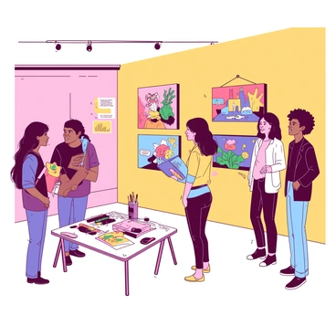 A group of young artists stands proudly beside their colorful illustrations displayed on the walls of a bright, inviting gallery. Each artist is engaged in conversation with visitors, showcasing their unique artwork. The illustrations feature a variety of themes and styles, filled with vivid colors and intricate details. The walls are painted in a warm shade that complements the colorful artworks, enhancing their vibrancy. The atmosphere is lively, with a few small tables set up for visitors to engage with the artists and learn about their creative processes.