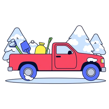 A truck parked in a snowy driveway. The truck has a bright red body and a sturdy build, featuring large tires that are partially covered in snow. In the back of the truck, there are several winter supplies visible. A blue snow shovel is leaning against a yellow bag of salt, and a green ice scraper is also placed near them. The driveway is blanketed in fresh white snow, and the surrounding area has snow-laden trees in the background.