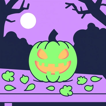 A carved pumpkin lantern is sitting on a wooden table outdoors during the night. The pumpkin has a "joker's smile" with exaggerated curves, showcasing sharp teeth. Inside the pumpkin, a warm light glows, illuminating the carved features. Surrounding the lantern, there are fallen leaves scattered on the table. In the background, dark silhouettes of trees add depth to the nighttime scene. The moon is partially visible, casting a soft light over the entire setting.