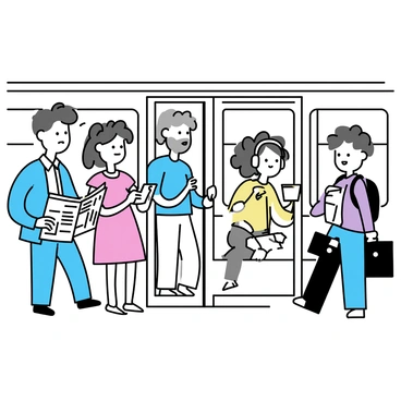 A group of five commuters is packed into a subway car. A man in a blue suit is engrossed in reading a newspaper, his face partially obscured by the pages. Beside him, a woman with curly hair wearing headphones is looking down at her smartphone, her fingers moving swiftly across the screen. An older man with a gray beard is standing near the door, holding onto the pole, gazing out the window with a distracted expression. A young woman in a red dress is leaning against the wall, sketching in a small notebook with a pencil. Finally, a teenager with a backpack is sitting on a seat, focused on a portable gaming device, ignoring the bustling crowd around him. Each commuter is surrounded by the metallic interior of the subway car, creating a distinct atmosphere of daily life.