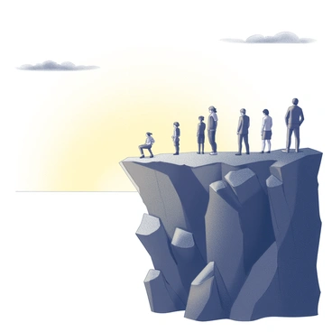 A rugged cliffside with jagged rocks and a steep drop-off. The horizon is illuminated in "golden light," creating a striking contrast against the dark silhouette of the cliff. Several figures are positioned on the edge of the cliff, their postures expressing awe and contemplation as they gaze out towards the "golden horizon." Each figure has distinct characteristics, such as different clothing styles and body shapes, adding variety to the scene. The sky above is expansive, with a few scattered clouds adding texture to the atmosphere.