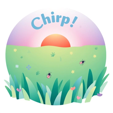 A wide field at dusk is filled with tall green grass, gently swaying in the evening breeze. The sky is painted in soft shades of purple and orange as the sun sets on the horizon. In the grass, several crickets are visible, their bodies small and dark against the vibrant backdrop. The sound "Chirp!" is depicted in a playful font, as if echoing from the crickets that are scattered throughout the field. A few scattered wildflowers add colorful accents to the scene, enhancing the tranquil atmosphere of the dusk setting.