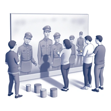 An artist is standing in front of a large public wall, focused on painting a mural dedicated to veterans. The artist is holding a paintbrush in their right hand, while the left hand rests on their hip. Various paint cans are arranged on the ground nearby, each displaying different shades of paint. The mural features a detailed depiction of soldiers in uniform, various military symbols, and scenes of camaraderie and honor. Bystanders are observing the artist at work, some taking pictures or nodding appreciatively.