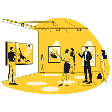 A contemporary art gallery in New York City during the evening, with a sleek interior featuring polished floors and tall white walls. Several illuminated paintings hang prominently, their details highlighted by strategically placed lights. Groups of visitors stand in various poses, some leaning in to closely admire the artworks, while others discuss the pieces amongst themselves. A tall man in a black suit gestures animatedly, pointing toward a striking painting. A woman in a stylish dress takes notes, her expression focused. The atmosphere is lively, with shadows cast across the space, creating a dynamic interplay of light and dark.