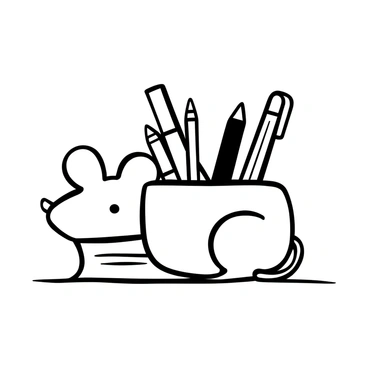 A decorative penholder shaped like a mouse sits on a desk. The penholder has rounded ears and a small tail, with distinct features that resemble a mouse's body. Inside the penholder, various pens of different sizes and shapes are neatly arranged, with some slightly protruding above the rim. The surface of the desk is visible beneath the penholder, creating a simple and organized workspace.