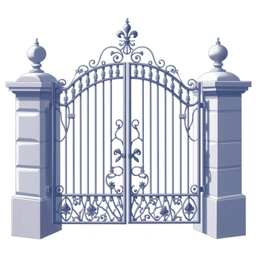 A wrought iron gate with a prominent archway design. The gate features intricate "fleur-de-lis" patterns throughout its surface, beautifully detailed in the ironwork. The bars of the gate are finely crafted, with decorative scrolls and curves enhancing its elegance. The structure stands tall and sturdy, with a focus on the ornate designs that catch the eye. The gate is set against a simple stone wall, providing context for its grandeur.
