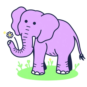 An elephant is standing on a grassy patch, playfully holding a daisy with its trunk. The elephant has large, flappy ears and a gentle expression on its face. Its skin is textured and wrinkled, showcasing its size and strength. The daisy, small and delicate, is bright and contrasting against the elephant's trunk. The surroundings are filled with hints of grass and small wildflowers, creating a lively and cheerful atmosphere.