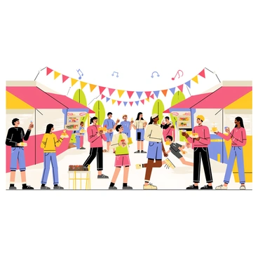 A bustling street festival filled with activity. Colorful banners in various shades of red, blue, and yellow hang from above, fluttering in the breeze. Food stalls with bright awnings are positioned along the street, featuring a variety of delicious foods displayed prominently. People of diverse backgrounds are mingling, some holding plates of tasty snacks, while others enjoy drinks. Children run around, laughing and playing games set up nearby. The atmosphere is lively, with music notes depicted as if floating through the air, enhancing the festive feeling.