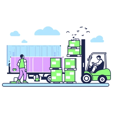 A busy loading dock is filled with goods being prepared for shipment under the Free Carrier (FCA) incoterm. Several wooden pallets are stacked high with various boxes, some with labels clearly visible. Workers in safety vests are using a forklift to lift a large bundle of products onto a waiting truck. In the background, there are large shipping containers lined up, ready to be filled. A clear blue sky can be seen above, and a few birds are flying overhead, adding to the bustling atmosphere of the loading dock.