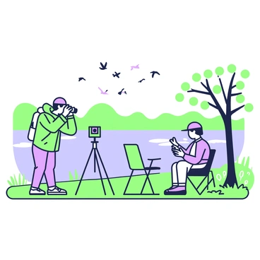 A lakeside scene features several birdwatchers positioned along the water's edge. One birdwatcher, wearing a green jacket and a purple cap, is holding binoculars to their eyes while gazing intently at a nearby tree. They are standing beside a small tripod with a camera mounted on it. Nearby, another birdwatcher is sitting on a folding chair, jotting notes in a purple notebook, with their binoculars resting on their lap. In the distance, a flock of birds can be seen flying over the lake, while a few waterfowl swim peacefully near the shore. The shoreline is lined with green grasses and a few wildflowers, completing the scene.