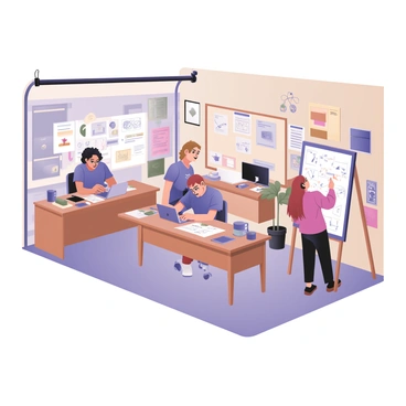 A digital flat illustration depicting a startup team working in a spacious garage environment. The scene includes three team members engaged in various tasks. On the left, a woman with short black hair is sitting at a wooden desk covered with creative sketches, papers, and a laptop, her expression focused. In the center, a man with curly brown hair wearing a blue t-shirt is holding a gadget, examining it closely, surrounded by various tools and components on a workbench. On the right, a person with long red hair is standing, writing ideas on a large whiteboard filled with colorful diagrams and notes. The garage walls are adorned with pinned sketches and posters, and there are boxes and gadgets scattered around, enhancing the creative atmosphere. The overall setting conveys a sense of innovation and collaboration.