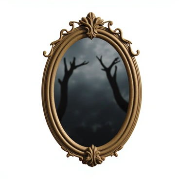 An antique mirror with an ornate, golden frame, featuring intricate floral patterns along the edges. The surface of the mirror is slightly tarnished, giving it a sense of age and history. In the reflection, a parallel dark world is visible, with shadowy outlines of twisted trees and a cloudy, dim sky. The colors in the reflection are muted, primarily featuring shades of gray and deep blue, creating a stark contrast to the warm tones of the mirror's frame. The overall composition evokes a sense of mystery and enchantment.