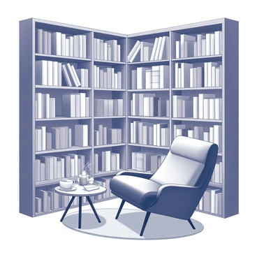 A room with a wall-to-wall bookshelf, densely packed with various sizes and types of books. The shelves are neatly organized, displaying both hardcover and paperback editions, some with visible titles while others are arranged by color or size. A cozy reading chair is positioned nearby, featuring soft upholstery and a slight recline, inviting someone to sit. A small side table next to the chair holds a steaming cup of tea or coffee and a reading light. The carpet underfoot is plush, adding to the comforting atmosphere of the room.
