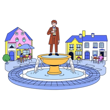 A picturesque fountain with water gently cascading from its spouts. The fountain features a bronze sculpture of "Rimbaud" standing elegantly at the center, depicting intricate details of his attire and expression. Surrounding the fountain are cobblestone paths and small flowering plants. The quaint town square includes charming buildings with colorful facades and small tables with umbrellas from nearby cafes. A few people can be seen sitting and enjoying the atmosphere.
