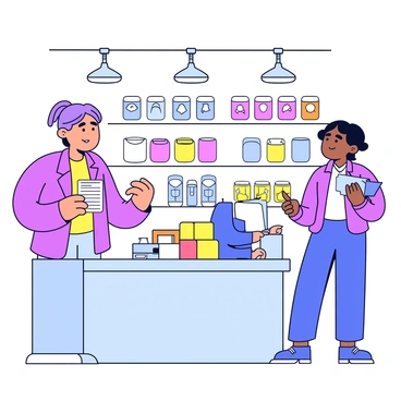 A customer standing at a store counter with an expression of concern. The customer is holding a product box in one hand and a feedback form in the other. The store counter is cluttered with various items for sale, including colorful packaging and a small cash register. Behind the counter, a store clerk attentively listens to the customer's feedback, taking notes on a tablet. The setting includes bright overhead lights and shelves filled with products in the background.