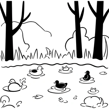 A serene forest pond surrounded by tall trees, with a cluster of fluffy ducks swimming on the water's surface. Water lilies float gently, their rounded leaves creating a natural pattern across the pond. A few frogs sit on the lily pads, some leaping playfully between them. Soft ripples in the water reflect the shapes of the surrounding foliage, creating a harmonious scene of nature.