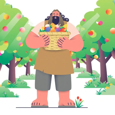 Beorn, a large man with long, wild hair and a thick beard, is standing in a lush green orchard on a bright summer day. He is wearing a simple, earth-toned tunic and sturdy pants. In his hands, he holds a large woven basket that is overflowing with colorful fruits, including red apples, yellow pears, and purple plums. Sunlight filters through the leaves of the trees, casting dappled shadows on the ground. Surrounding him are vibrant fruit-laden branches and patches of wildflowers, creating a lively and abundant scene.